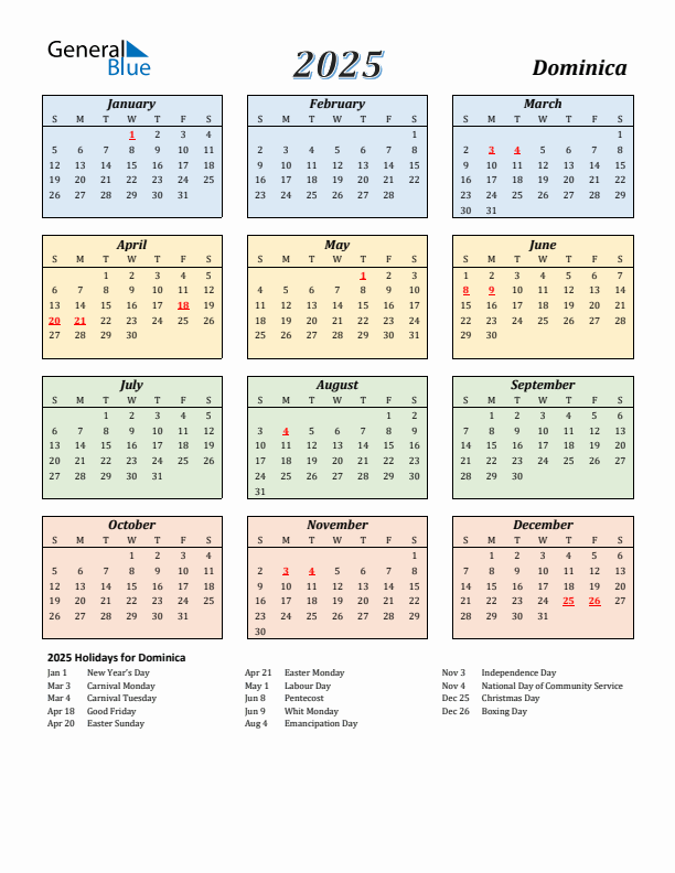 Dominica Calendar 2025 with Sunday Start