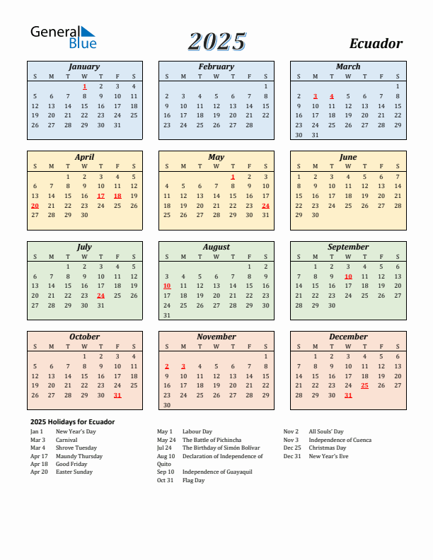 Ecuador Calendar 2025 with Sunday Start