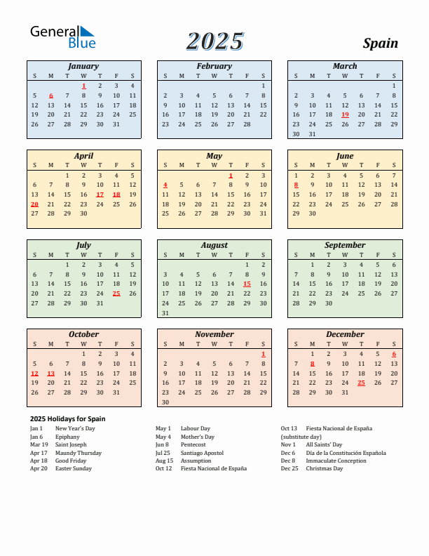 Spain Calendar 2025 with Sunday Start