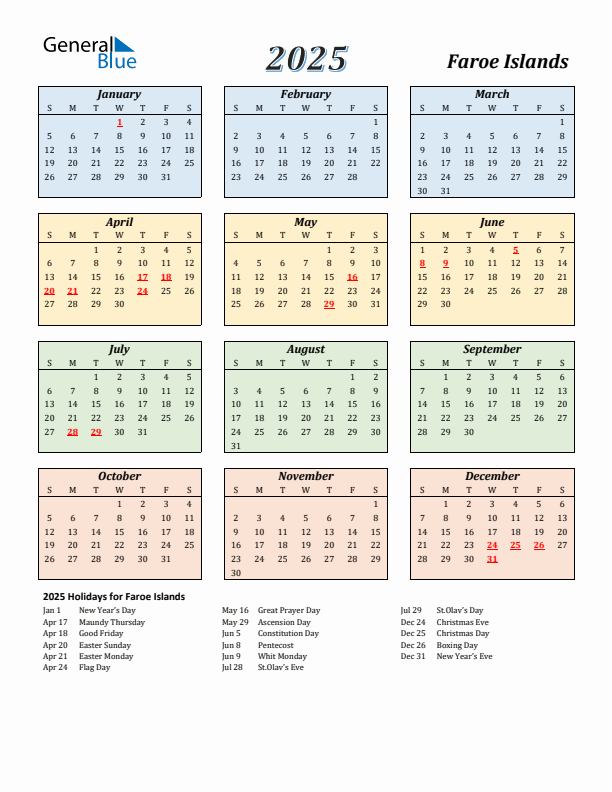 Faroe Islands Calendar 2025 with Sunday Start