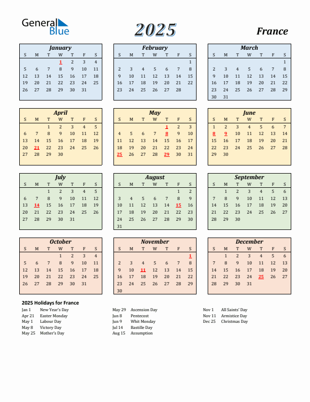 France Calendar 2025 with Sunday Start