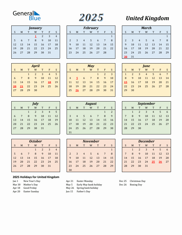 United Kingdom Calendar 2025 with Sunday Start