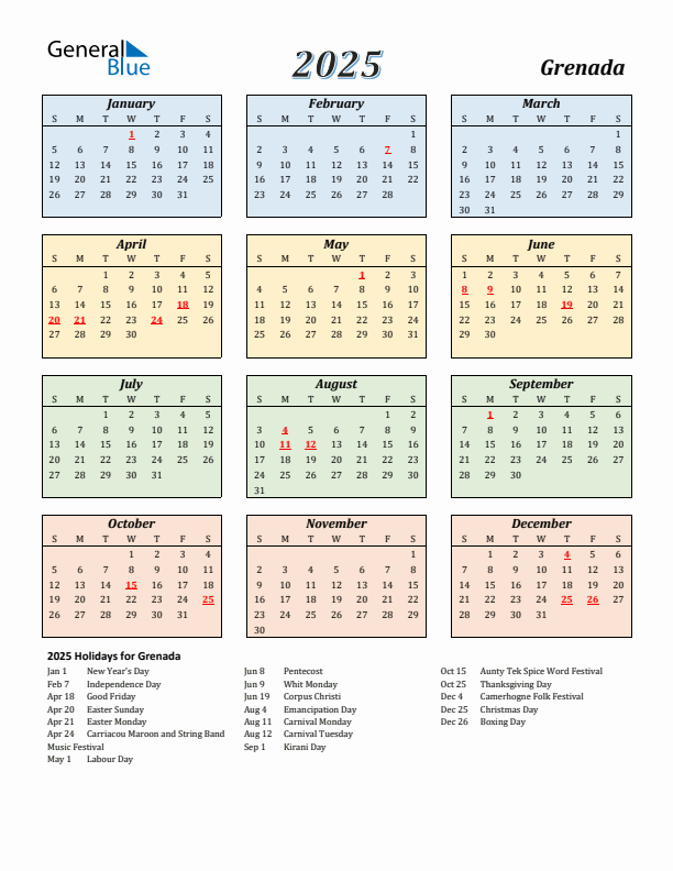 Grenada Calendar 2025 with Sunday Start