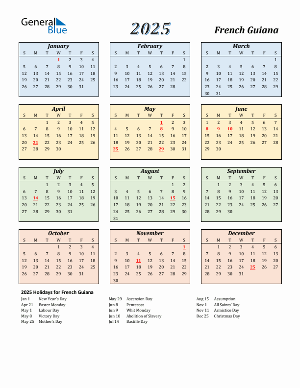 French Guiana Calendar 2025 with Sunday Start