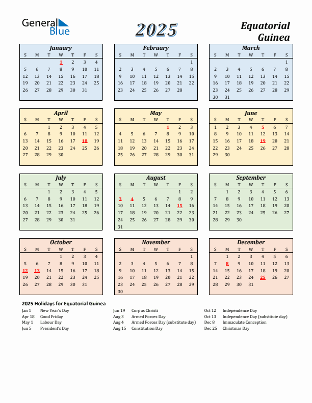 Equatorial Guinea Calendar 2025 with Sunday Start