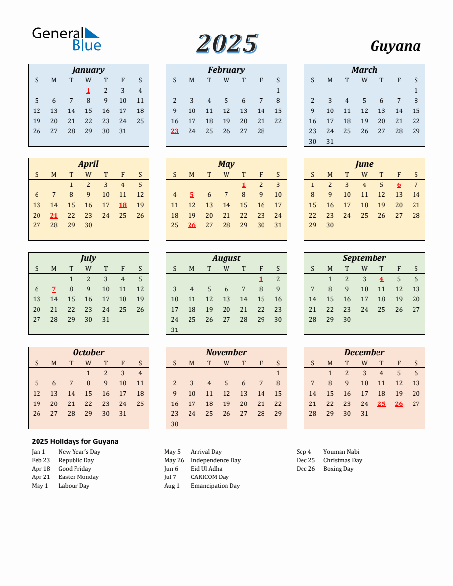 2025 Guyana Calendar with Sunday Start