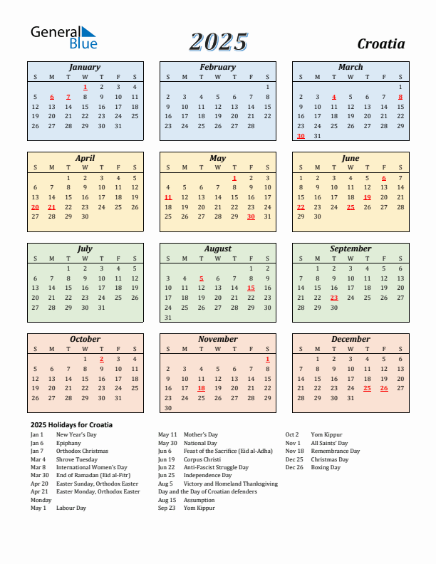 Croatia Calendar 2025 with Sunday Start