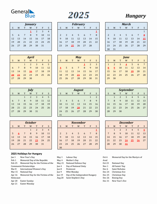 Hungary Calendar 2025 with Sunday Start