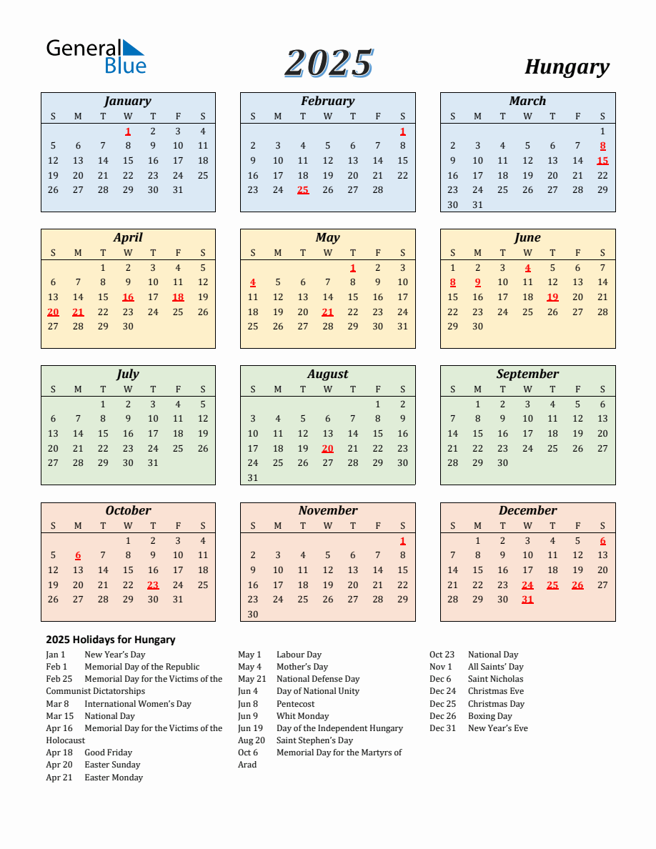 2025 Hungary Calendar with Sunday Start