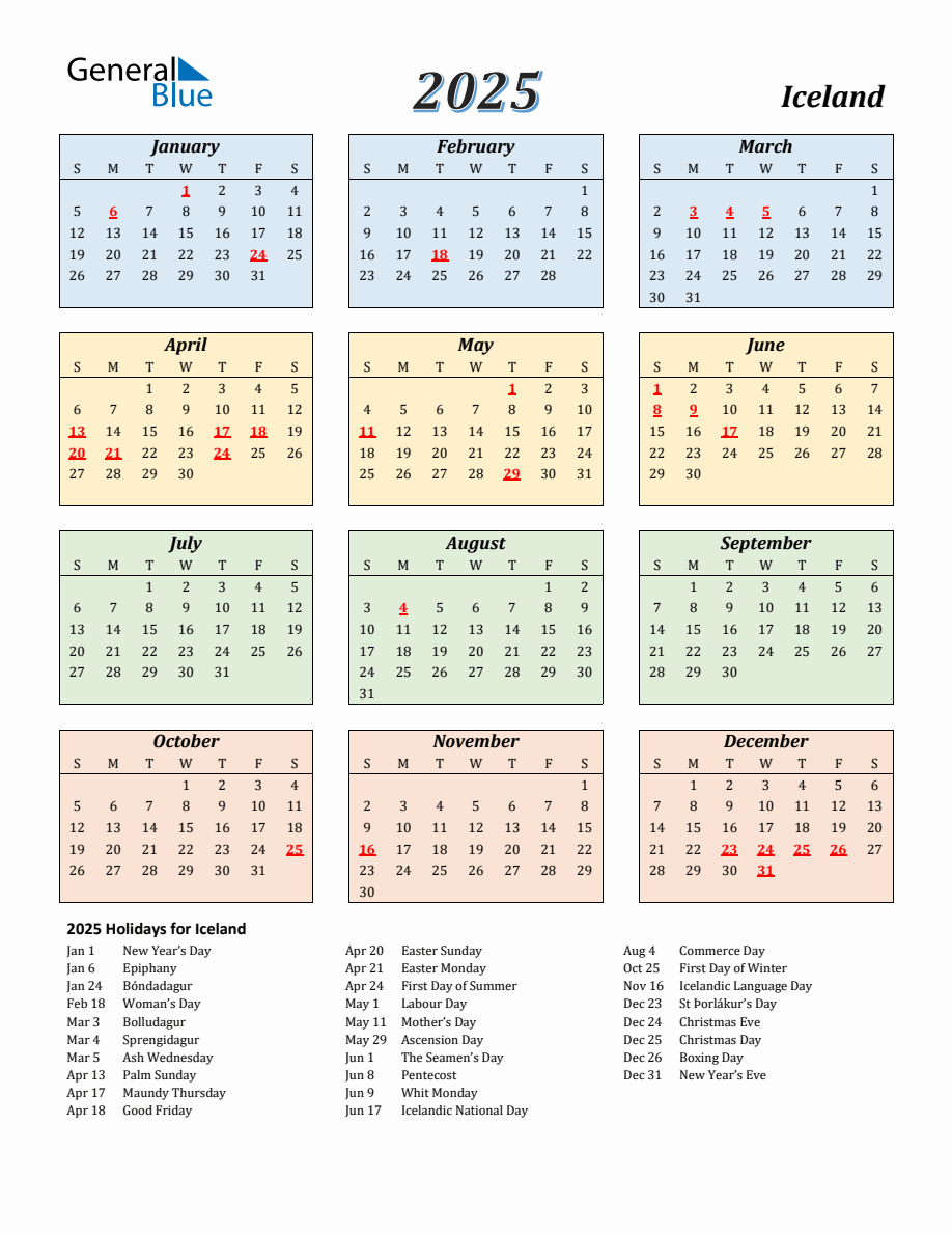 2025 Iceland Calendar with Sunday Start