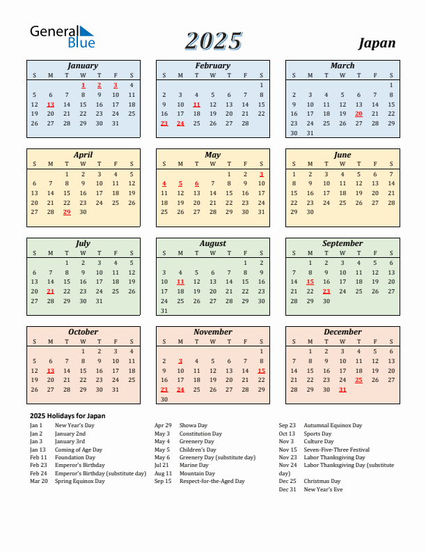 2025 Calendar Streamlined Colored With Holidays Portrait Sunday Start En Jp 612x792 