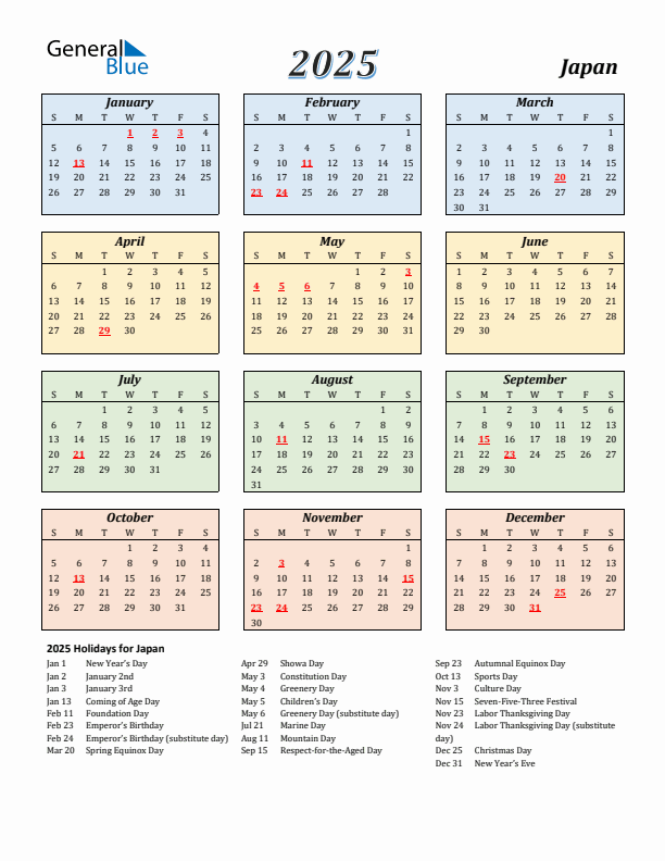 2025 Japan Calendar With Holidays