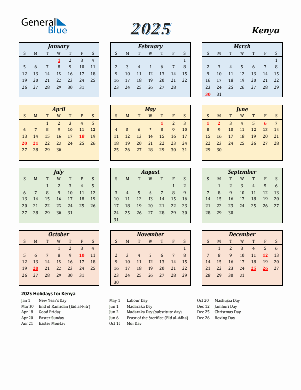 Kenya Calendar 2025 with Sunday Start