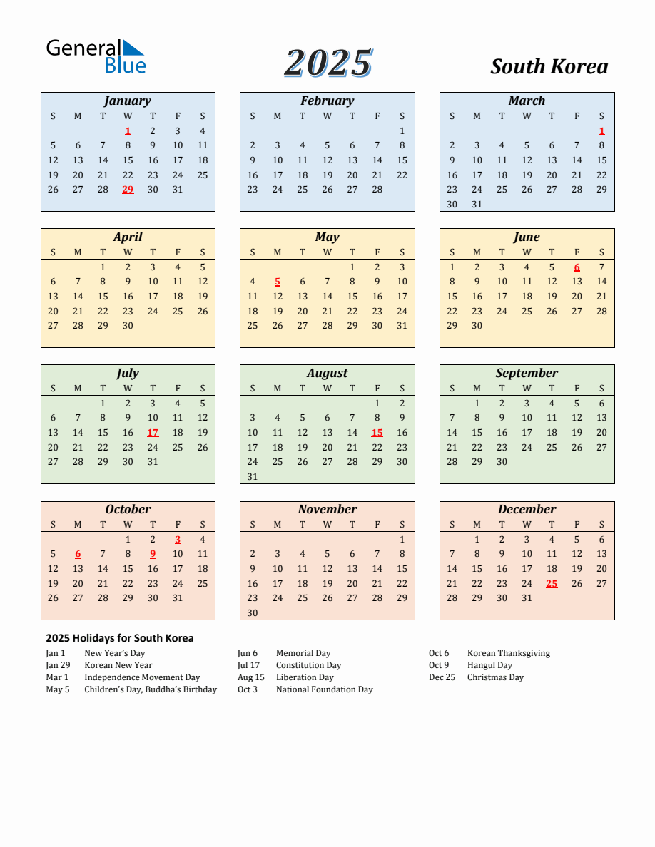 2025 South Korea Calendar with Sunday Start