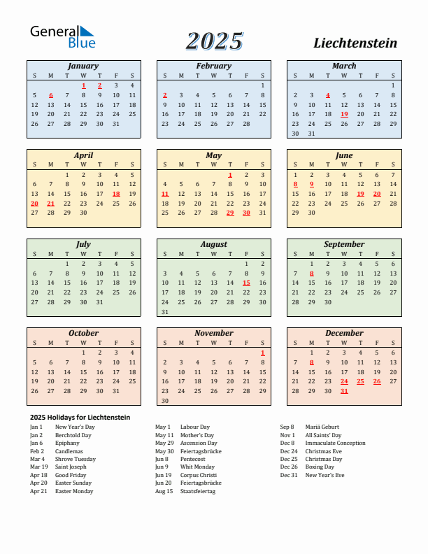 Liechtenstein Calendar 2025 with Sunday Start
