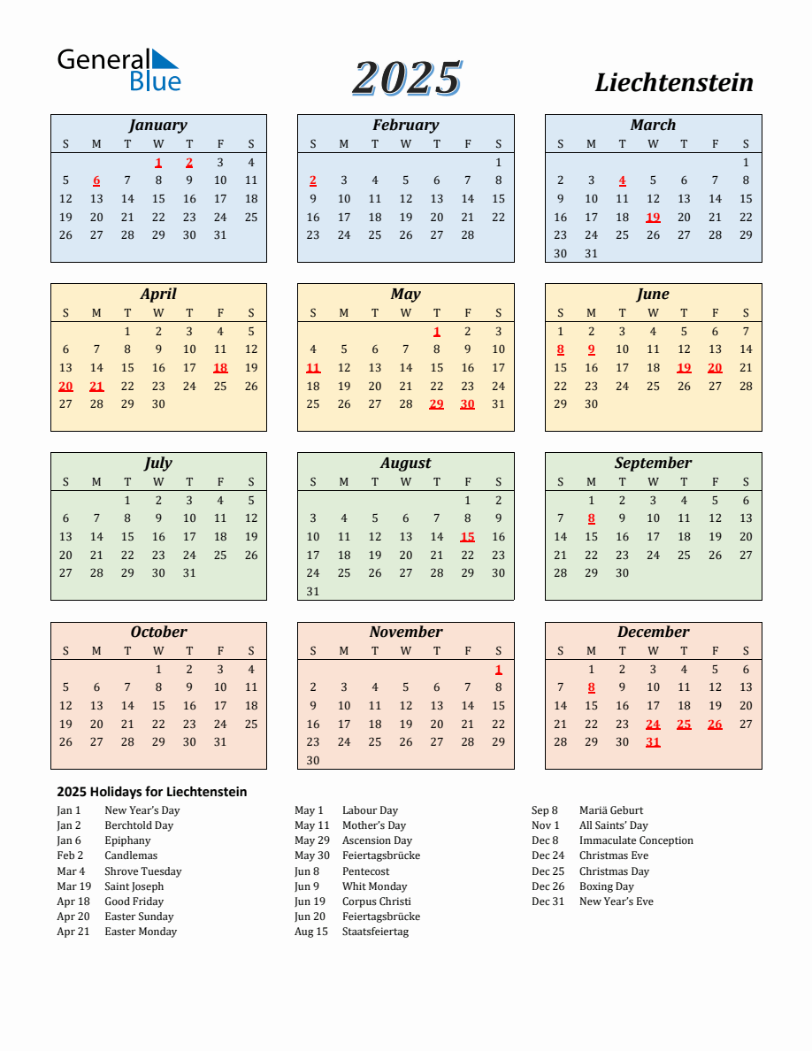 2025 Liechtenstein Calendar with Sunday Start