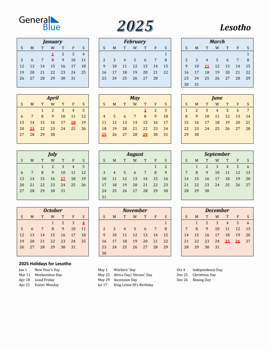 2025 Lesotho Calendar with Sunday Start