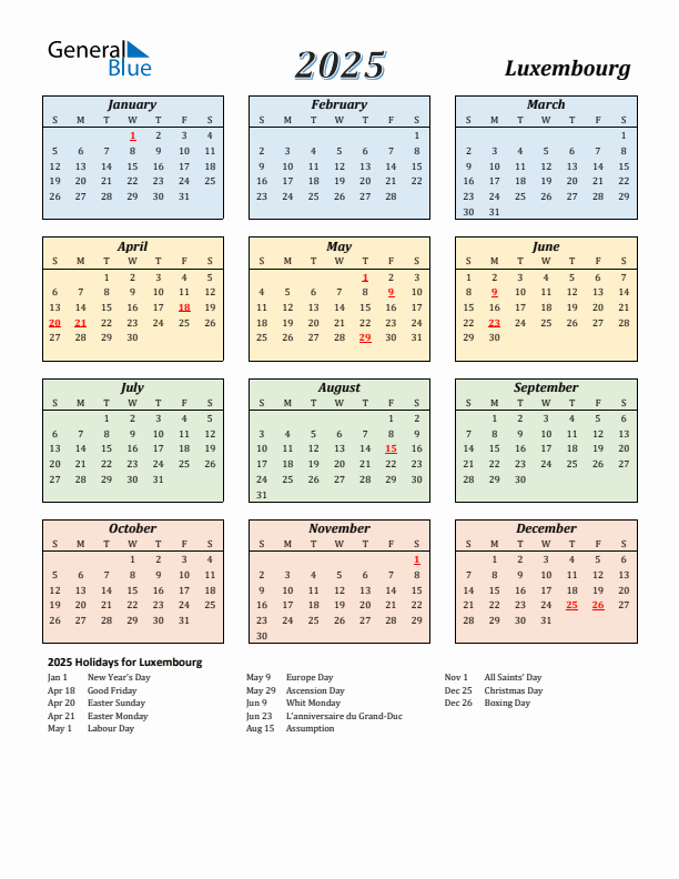 Luxembourg Calendar 2025 with Sunday Start