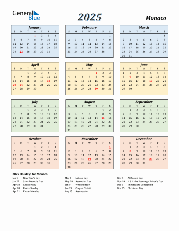 Monaco Calendar 2025 with Sunday Start