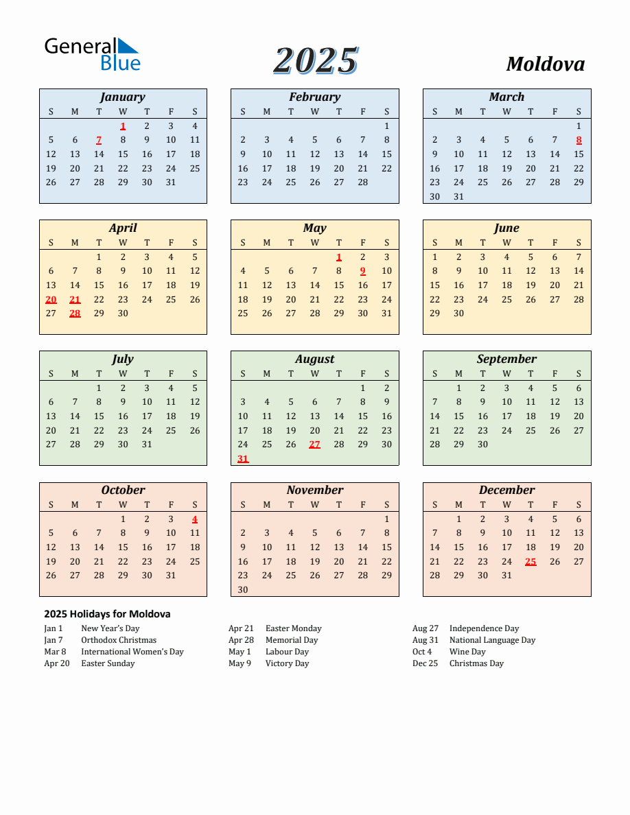 2025 Moldova Calendar with Sunday Start