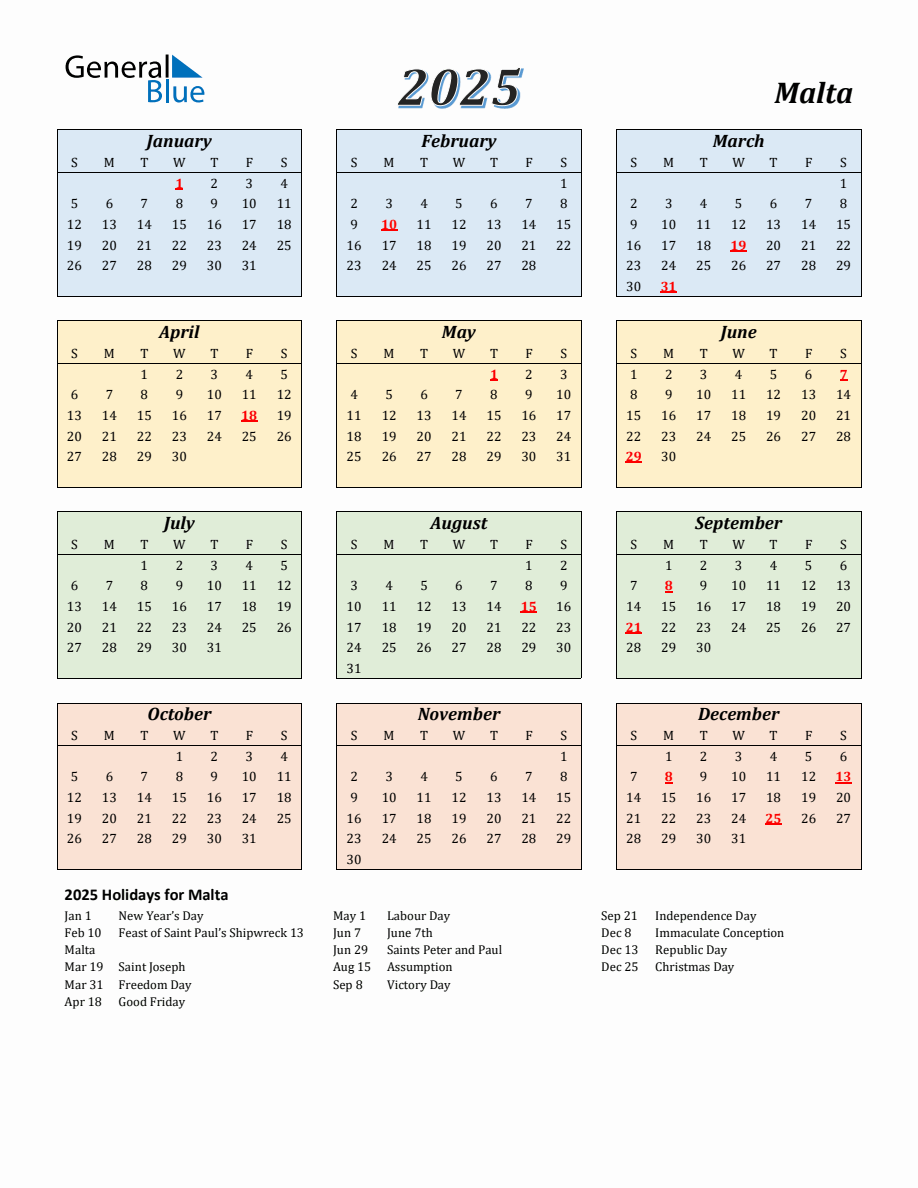 2025 Malta Calendar with Sunday Start