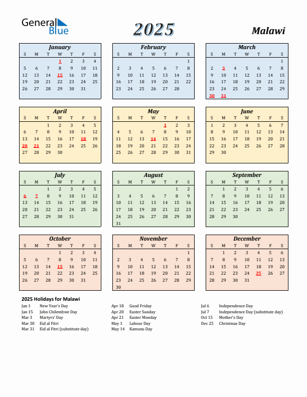 Malawi Calendar 2025 with Sunday Start