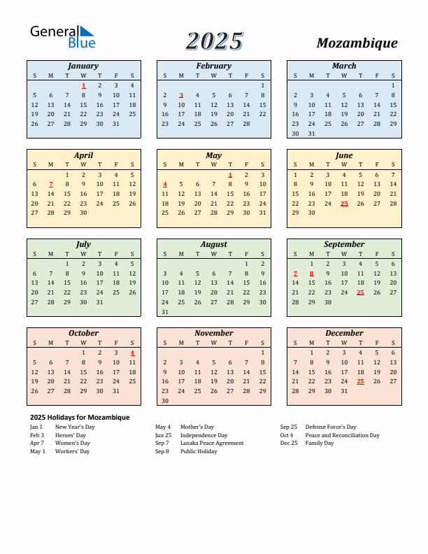 Mozambique Calendar 2025 with Sunday Start