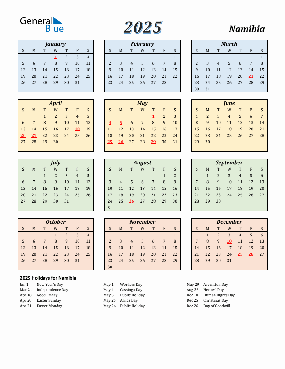 2025 Namibia Calendar with Sunday Start