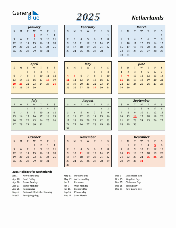 The Netherlands Calendar 2025 with Sunday Start