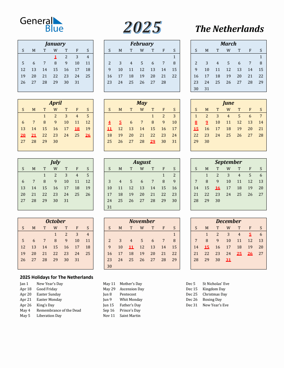 2025 Netherlands Calendar with Sunday Start