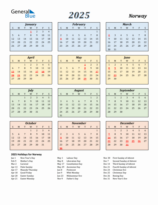 Norway Calendar 2025 with Sunday Start
