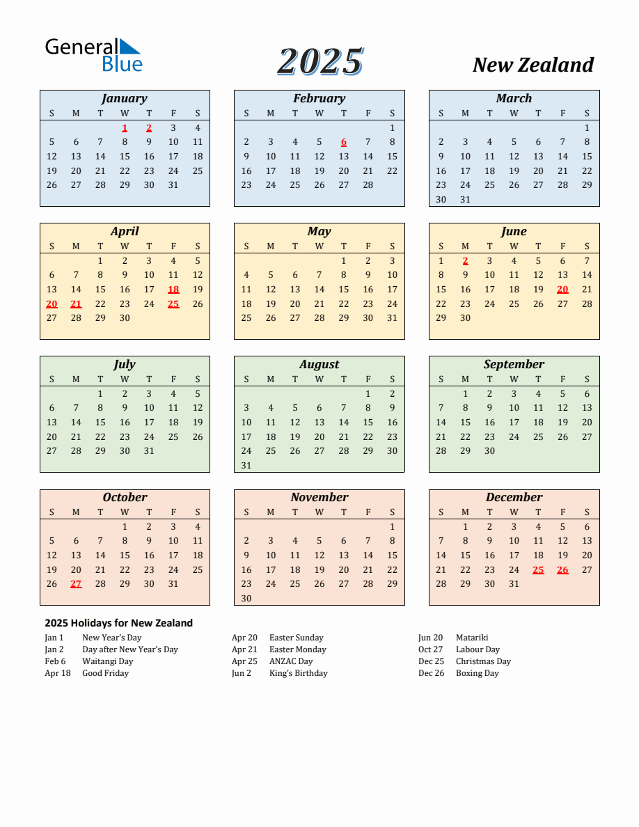 2025 New Zealand Calendar with Sunday Start