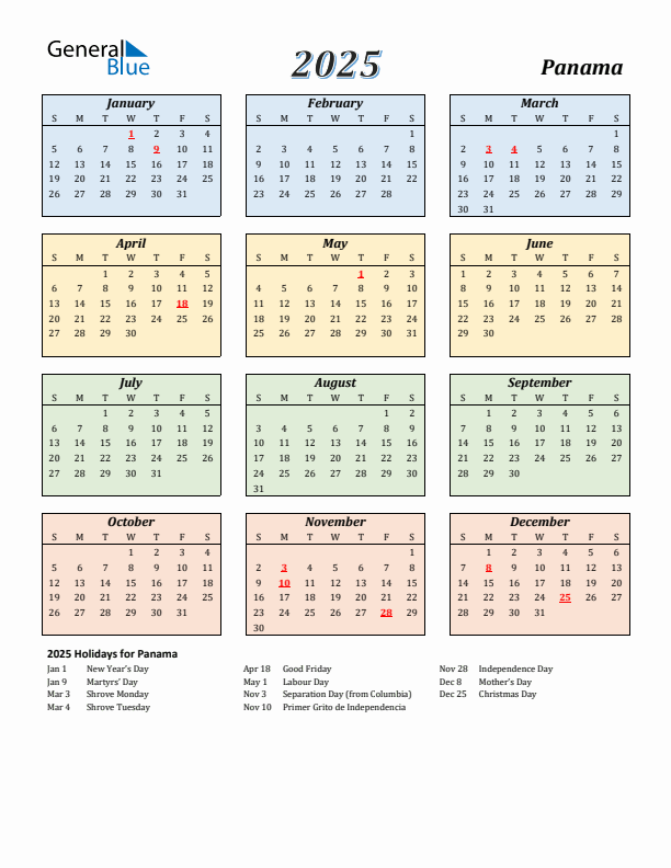 Panama Calendar 2025 with Sunday Start
