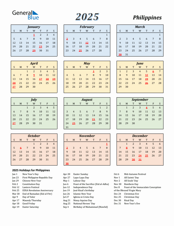 Philippines Calendar 2025 with Sunday Start