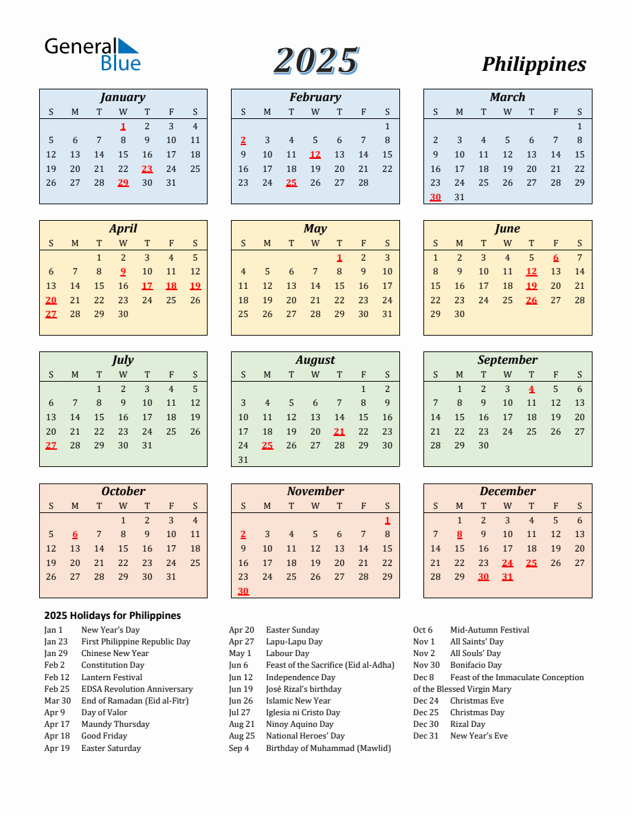 2025 Philippines Calendar with Sunday Start