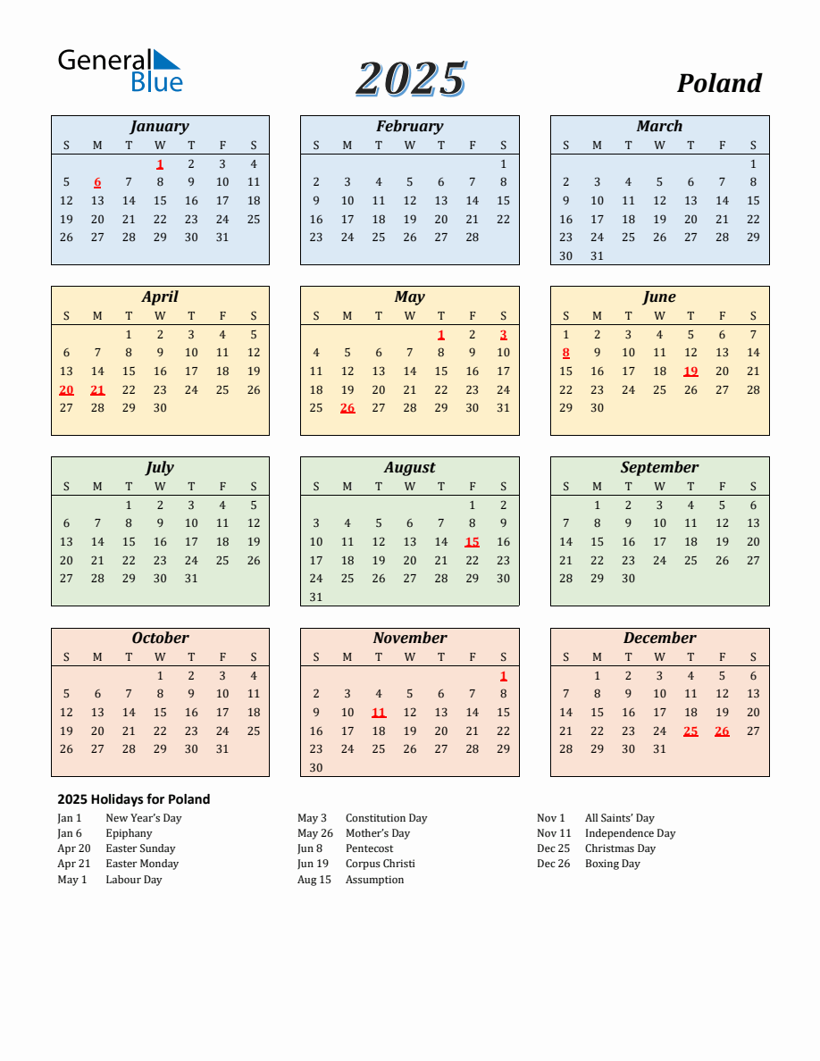 2025 Poland Calendar with Sunday Start