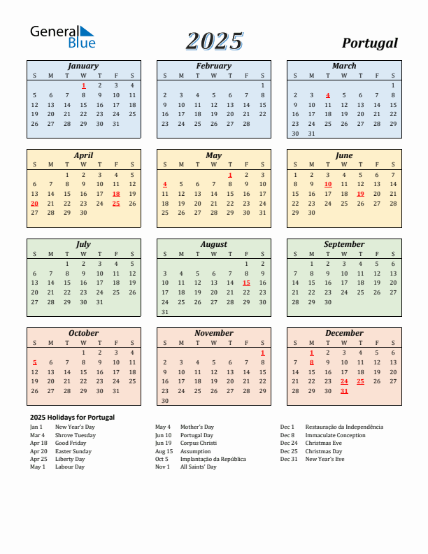 Portugal Calendar 2025 with Sunday Start