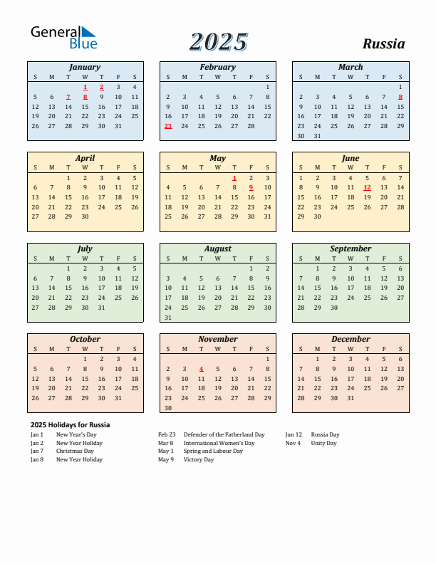 Russia Calendar 2025 with Sunday Start
