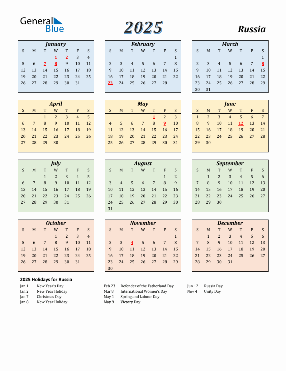 2025 Russia Calendar with Sunday Start