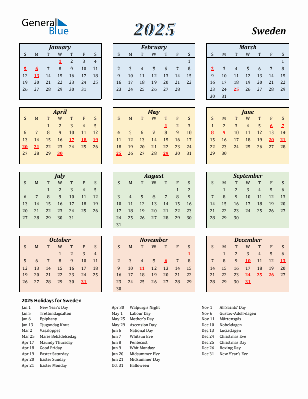 Sweden Calendar 2025 with Sunday Start