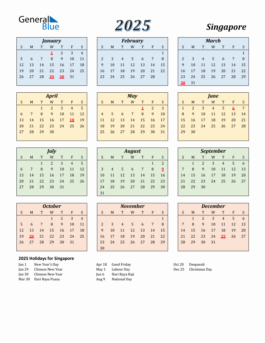 2025 Singapore Calendar with Sunday Start