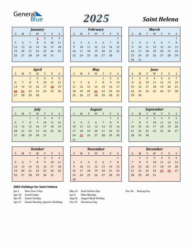 Saint Helena Calendar 2025 with Sunday Start