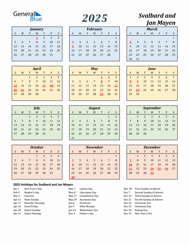 Svalbard and Jan Mayen Calendar 2025 with Sunday Start