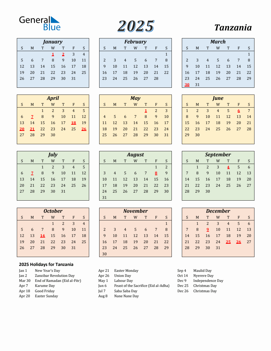 2025 Tanzania Calendar with Sunday Start