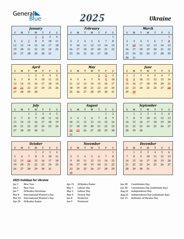 Ukraine Calendar 2025 with Sunday Start