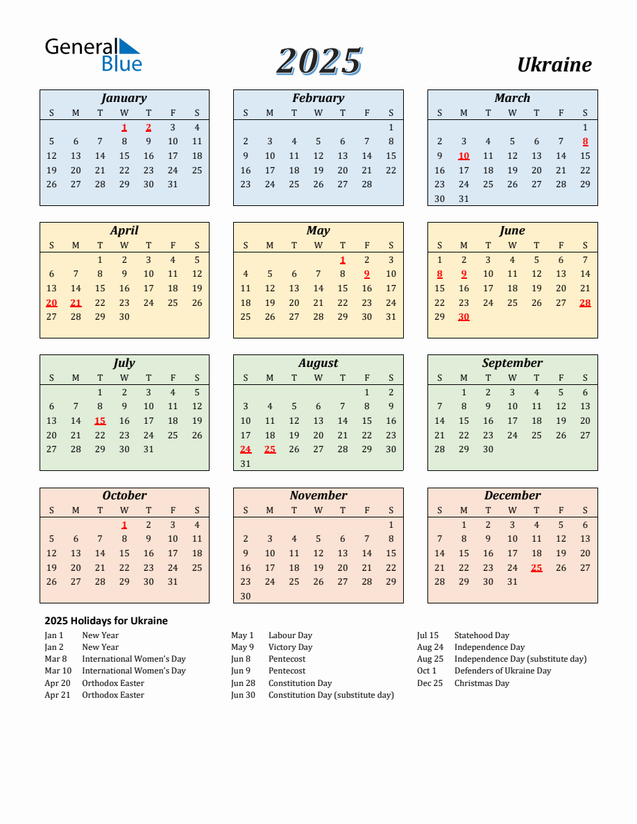 2025 Ukraine Calendar with Sunday Start