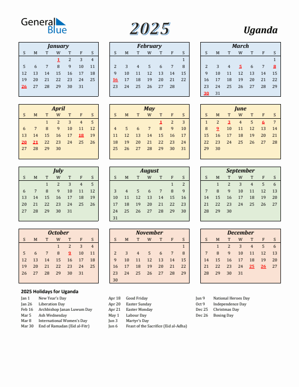 Uganda Calendar 2025 with Sunday Start