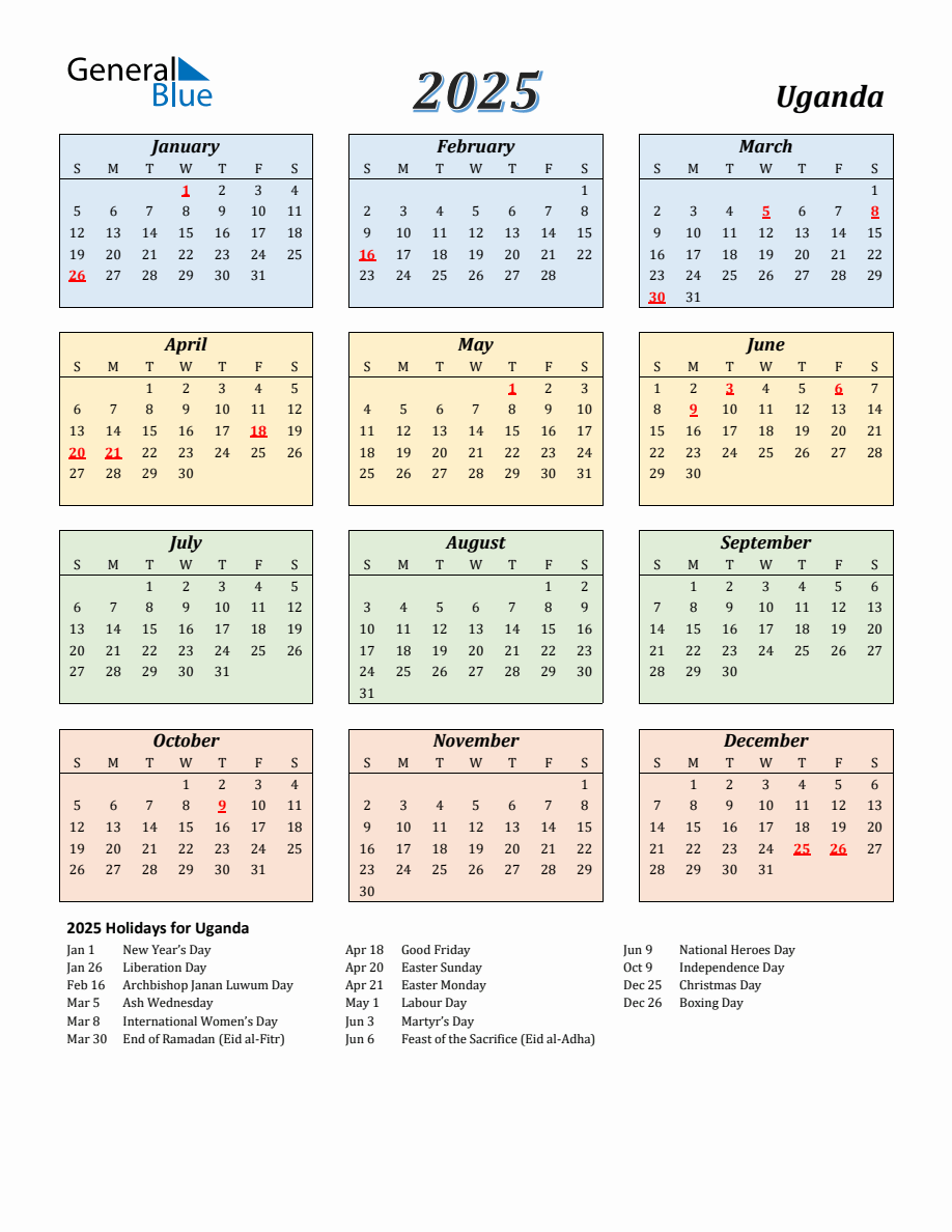 2025 Uganda Calendar with Sunday Start