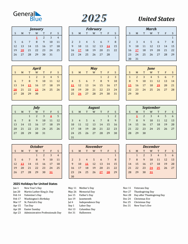 United States Calendar 2025 with Sunday Start
