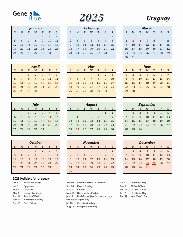 Uruguay Calendar 2025 with Sunday Start